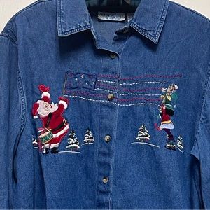 Vintage Victoria Jones Christmas Embroidered Denim Button Up Shirt Size M